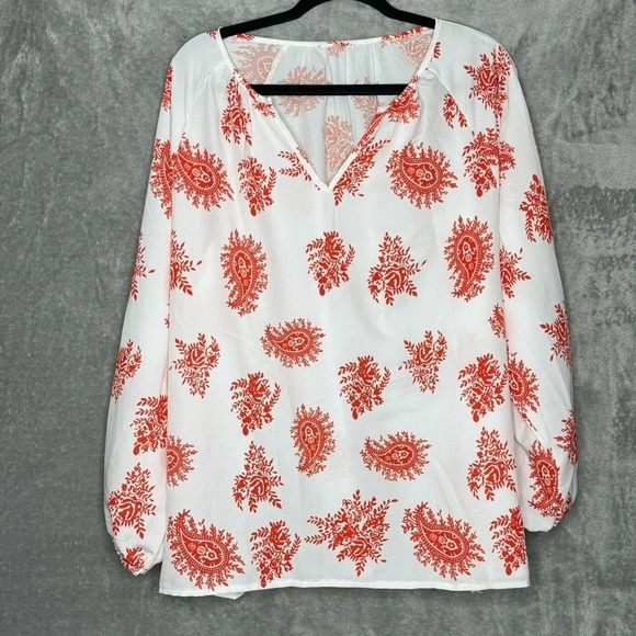 Amazon XL Shirt Top White Orange Paisley Long Sleeve V Neck Sheer Stretch Women - Picture 1 of 5